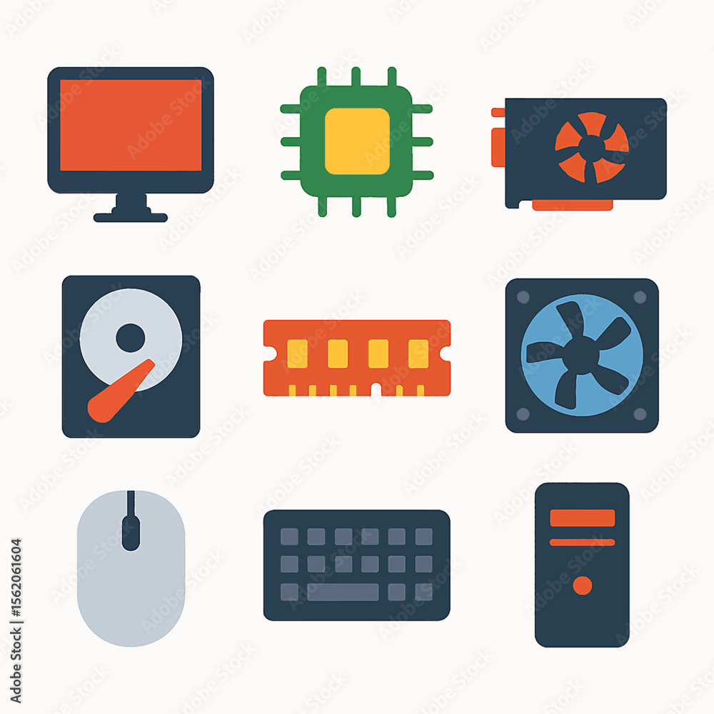 Poster computer hardware components showcasing internal and peripheral elements in a vector style