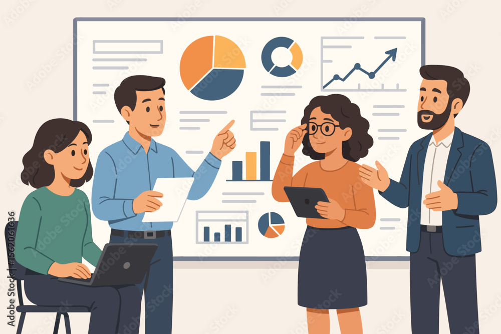 Poster business team in a meeting presenting a report. data analysts discussing business metrics, statistic
