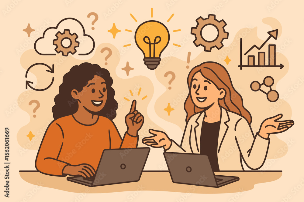 Poster two diverse women collaborating on a project, brainstorming innovative business ideas. teamwork conc