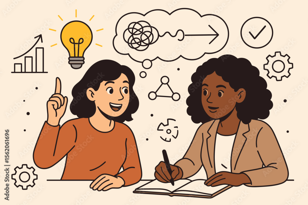 Poster two diverse women collaborating on a business project. teamwork and brainstorming for innovative sol