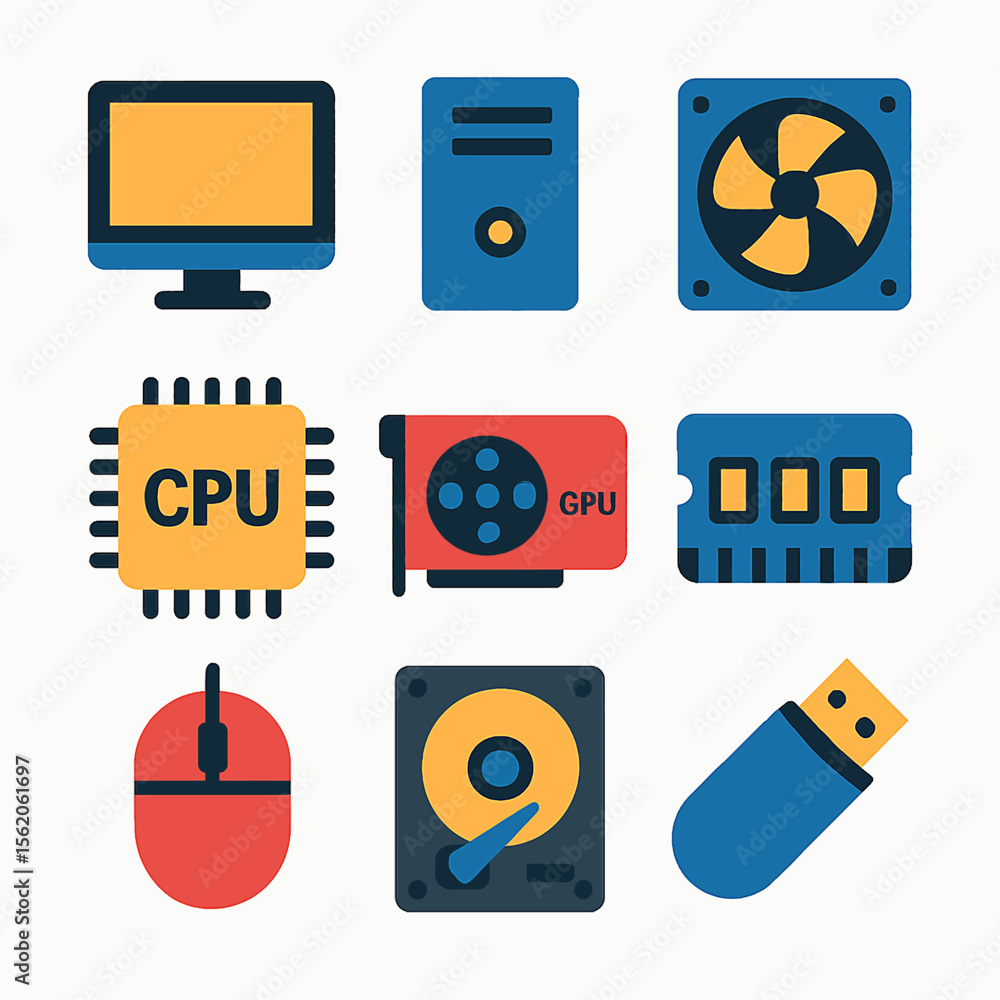 Poster computer hardware components vector graphic featuring cpu gpu ram and other parts