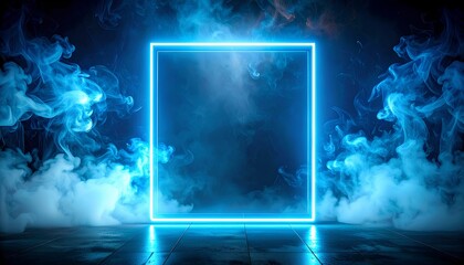 empty podium stage with a square of futuristic neon spotlight against a dark smoky background.