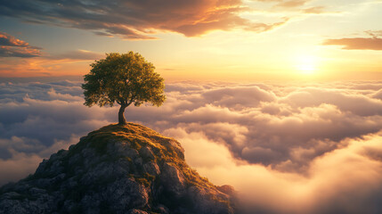 Solitary Tree Standing on a Cloud-Covered Mountaintop During a Stunning Sunset, with Dramatic Sky and Warm Lighting.