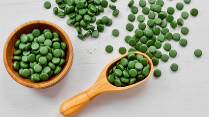 Spirulina, Green dietary supplements  in bowls with on light background. Homeopathy and alternative medicine 