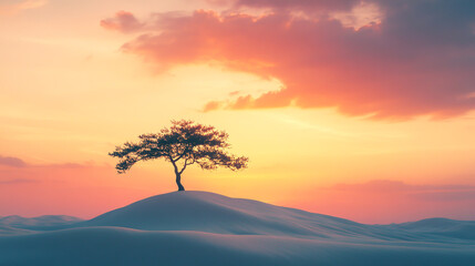 Solitary Tree Standing on a Cloud-Covered Mountaintop During a Stunning Sunset, with Dramatic Sky and Warm Lighting.