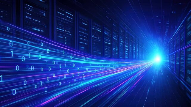 Abstract futuristic background with digital streams data and binary code flowing, abstract view of a digital data center showing rack servers and network movement