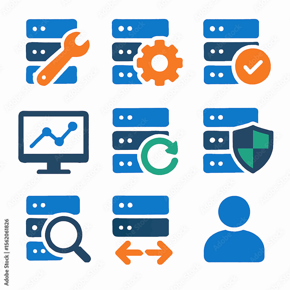 Poster conceptual vector icons depicting database management, maintenance and data analysis