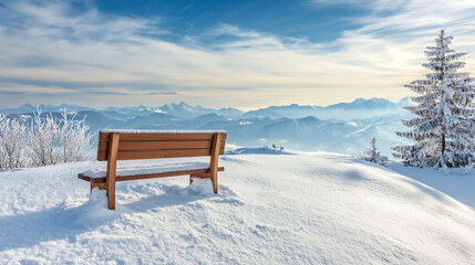 Solitary Wooden Bench on a Snow-Covered Hilltop Overlooking a Breathtaking Panoramic Mountain View in Winter.