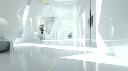 Spacious Bright White Modern Corridor Featuring Sleek Reflective Glass Walls and Striking Geometric Design Elements.