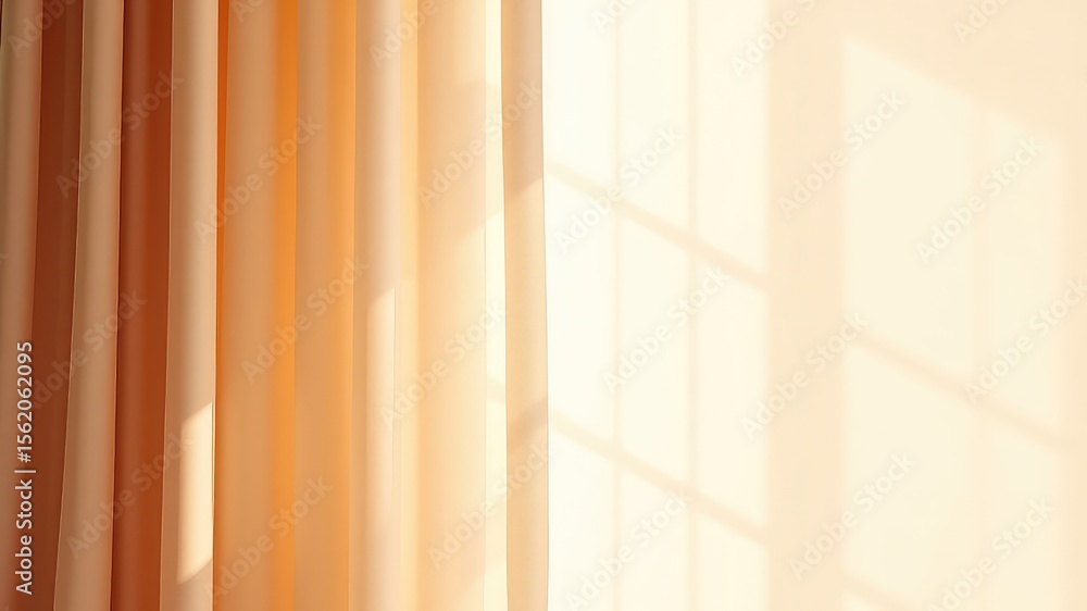 Poster elegant peach colored curtains gently filtering sunlight, creating soft shadows on the surrounding w
