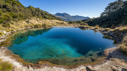 Stunning Blue Geothermal Water Pool Surrounded by Brown Volcanic Landscape Under Clear Sunny Sky, Nature’s Scenic Beauty.