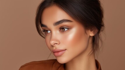 Fototapeta premium Woman in a brown shirt with a healthy glow and subtle blush radiating natural beauty in a soft focus portrait against a light background