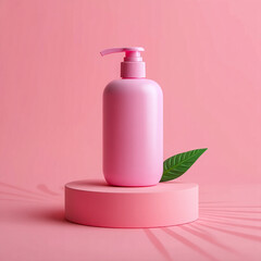 Minimalist pink pump bottle with green leaf on a pink pedestal