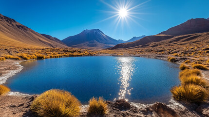 Stunning Blue Geothermal Water Pool Surrounded by Brown Volcanic Landscape Under Clear Sunny Sky, Nature’s Scenic Beauty.
