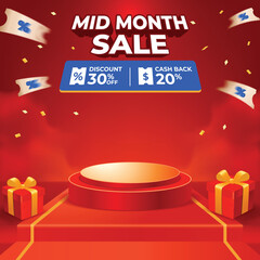 Mid Month Sale Red Podium Background with Gift Boxes and Confetti for E-commerce Promotions