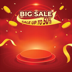 Big Sale Red Podium Banner with Gold Ribbons and Coins for Online Promotions