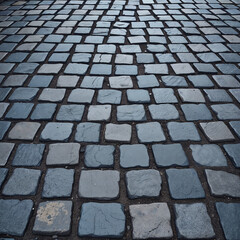 Dark gray cobblestone pavement with evening shadows creating dramatic texture
