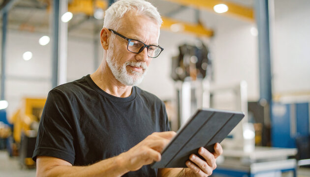 Confident senior engineer using tablet in modern factory environment showcasing smart manufacturing digital transformation quality control and industry 4.0 technology solutions