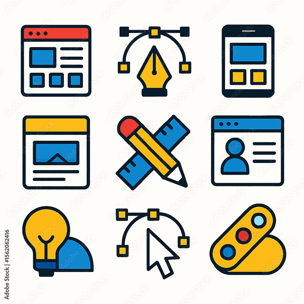 Poster creative graphic design elements showcasing web development and design process icons