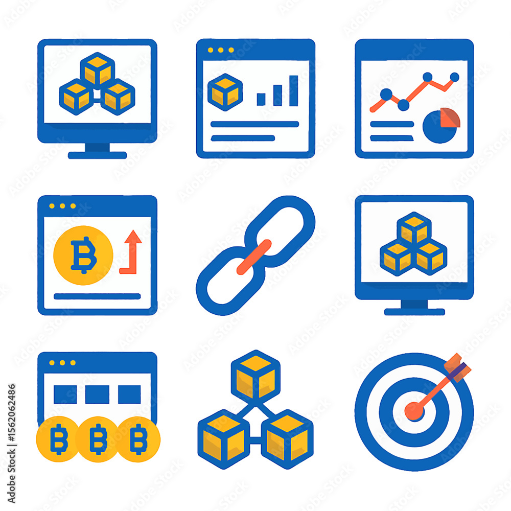 Aufkleber cryptocurrency network concept with blockchain technology and bitcoin growth analysis icons