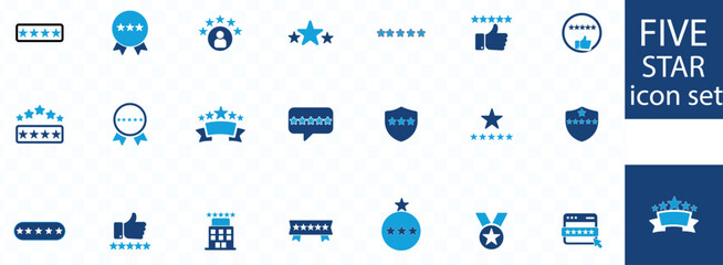 Five star icon set. satisfaction, review, rating, premium, quality, 5 star, feedback, excellence and more