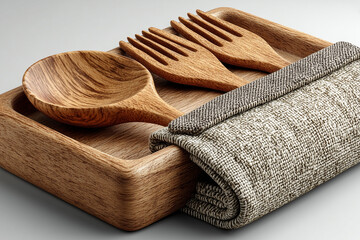 Eco-Friendly Wooden Cutlery and Napkin Mockup on White Background – Minimal Sustainable Dining Setup