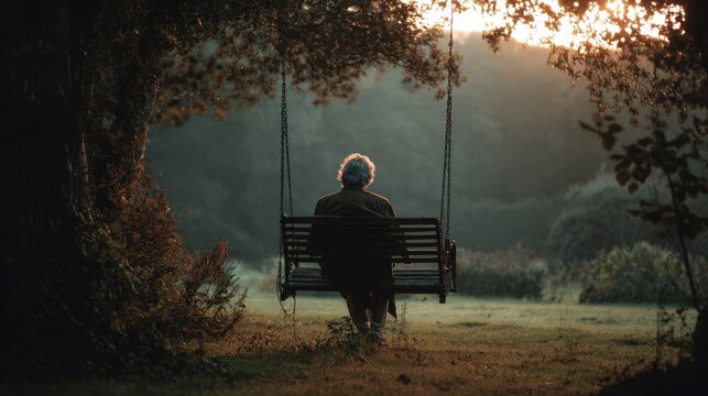 A solitary figure enjoys a peaceful moment on a swing, immersed in the serenity of nature's embrace during golden hour.