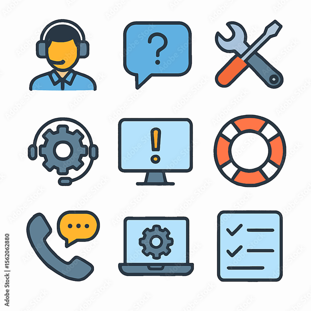 Poster customer service support vector icons for assistance and problem resolution