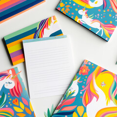 Vibrant and Colorful Unicorn Stationery Set Featuring Four Playful and Whimsical Designs on a Clean White Background.