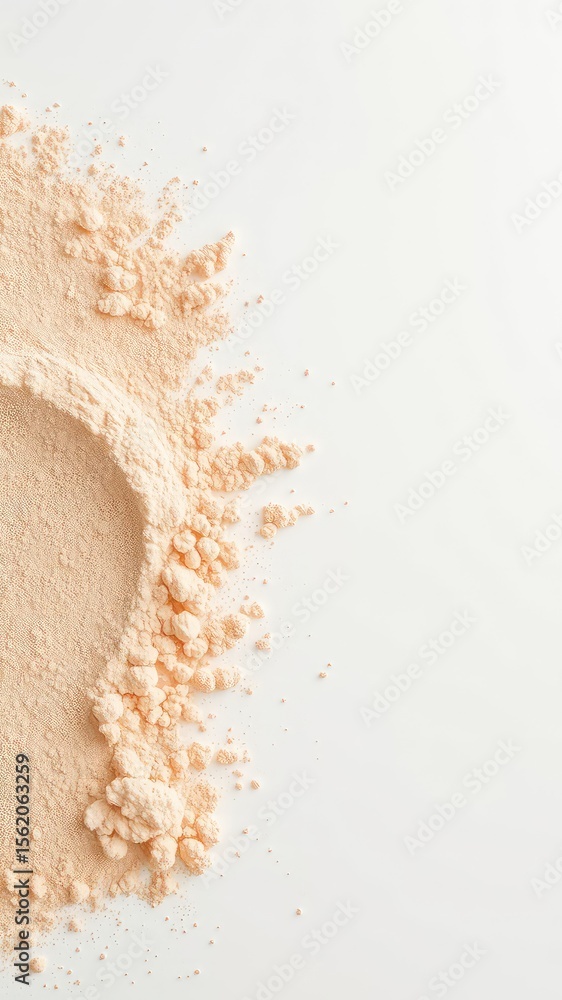 Poster minimalist composition featuring scattered, light peach powder creating a textured edge with ample w