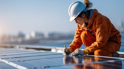 Technician inspecting solar panels on a rooftop at sunrise, showcasing renewable energy efforts