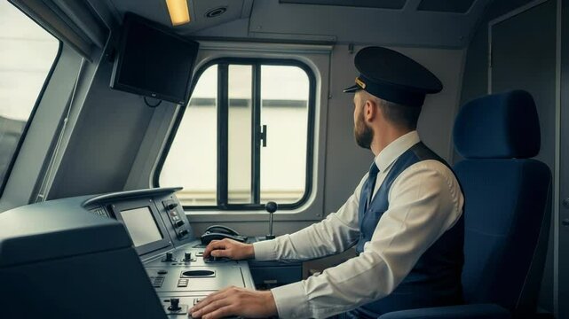 Professional Train Operator in Control Room of Modern Locomotive