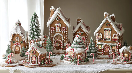 Whimsical Gingerbread Village Decorated with Candy Cane Accents, Frosted Roofs, and Festive Holiday Details.