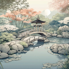 Serene Japanese Garden at Dawn in Blueprint Style Illustration
