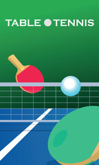Table tennis, tournament, table, rackets, ball, net, poster design for the game. Flat design banner of the ping pong championship, sports school, sports store decor, fitness activity
