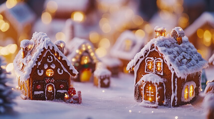 Whimsical Gingerbread Village in a Snowy Winter Holiday Scene with Festive Decorations and Cozy Atmosphere.