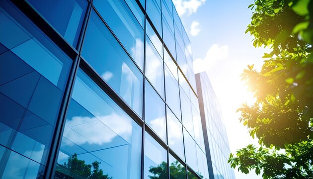 low angle view of a modern glass office building with a blue sky background.