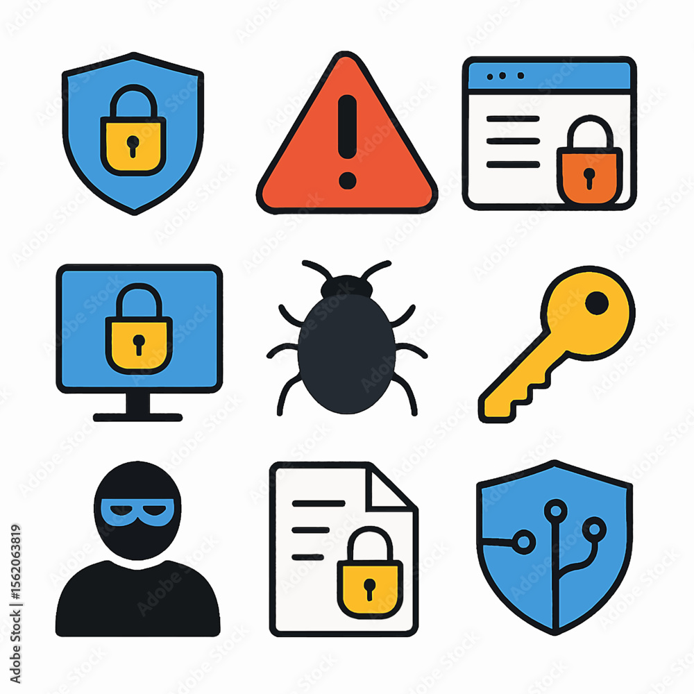 Poster cyber security threats illustrated with shield lock alert and hacker icons vector art