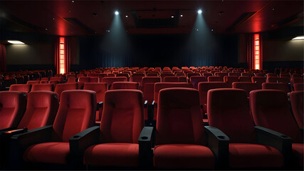  Empty generic movie theater with red symmetrical seats and soft ambient lightin