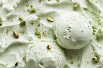 Fototapeta premium A creamy, pastel green pistachio ice cream with smooth swirls and crunchy pistachio nut pieces, captured in a delicious close-up.