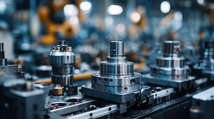 Fototapeta premium Robotic arms assembling metal parts on a modern production line, showcasing precision and efficiency in advanced manufacturing.