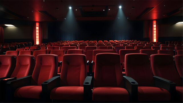  Empty generic movie theater with red symmetrical seats and soft ambient lightin