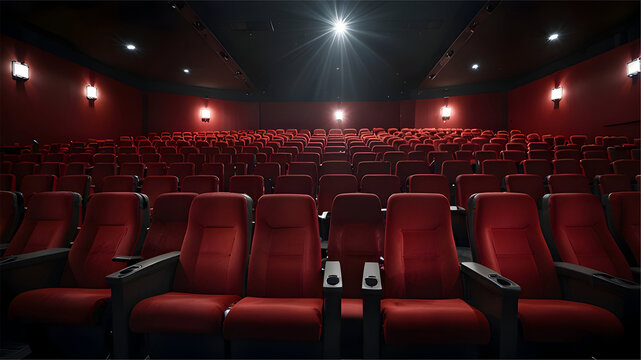 Empty generic movie theater with red symmetrical seats and soft ambient lightin