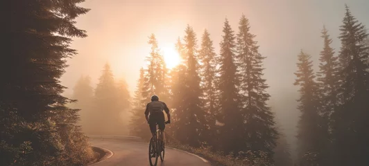 Acrylglasbilder Nebliger Morgen The cyclist riding through a misty forest at sunrise in a tranquil setting.  © Gurav