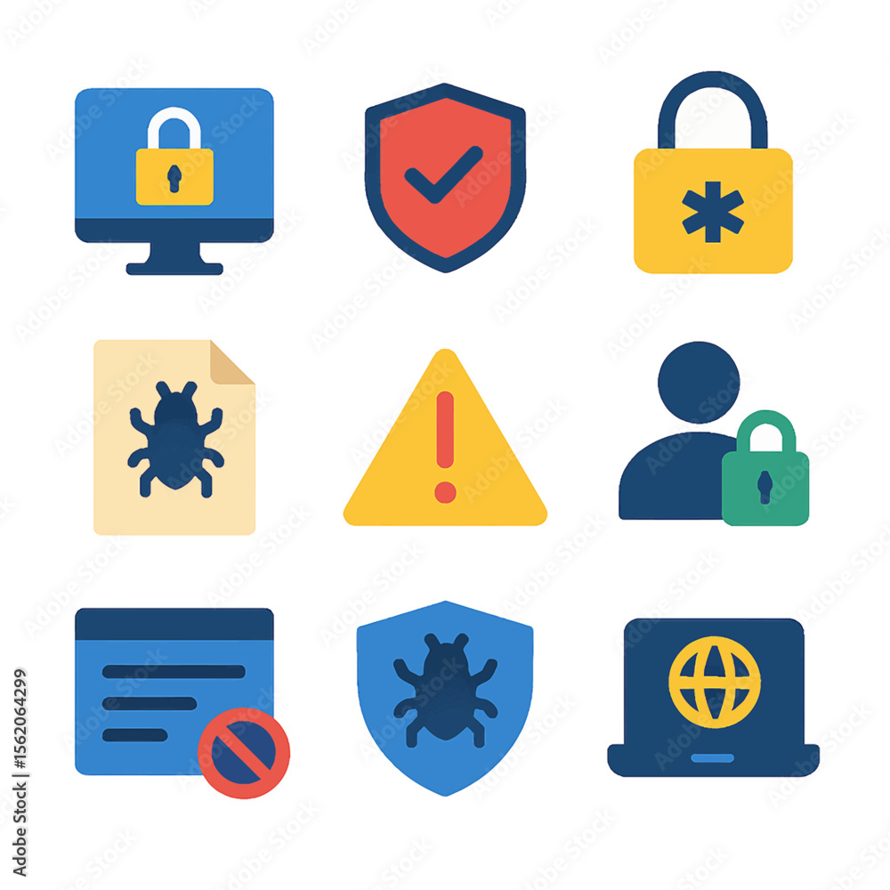 Poster cybersecurity icons display data protection and network security in a colorful design