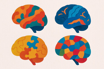 Abstract illustration of four uniquely patterned human brains in vibrant colors, symbolizing neurodiversity, cognitive variation, and mental health awareness.