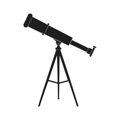 Classic Black Silhouette Refracting Telescope on Tripod,  Astronomy, Exploration, Discovery Concept,  Simple, Elegant Design,  Isolated on White Background.