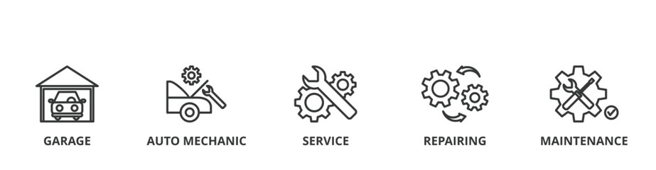 Car servicing banner vector illustration concept with icon of garage, auto mechanic, service, repairing and maintenance