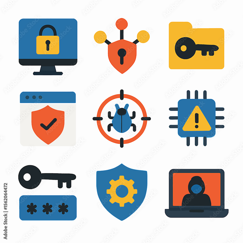 Poster cybersecurity icons set displaying data protection and virus detection measures