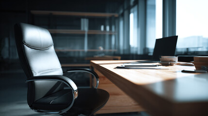 Modern minimalist workspace with clean desk and ergonomic chair, embodying productivity and comfort in professional design.